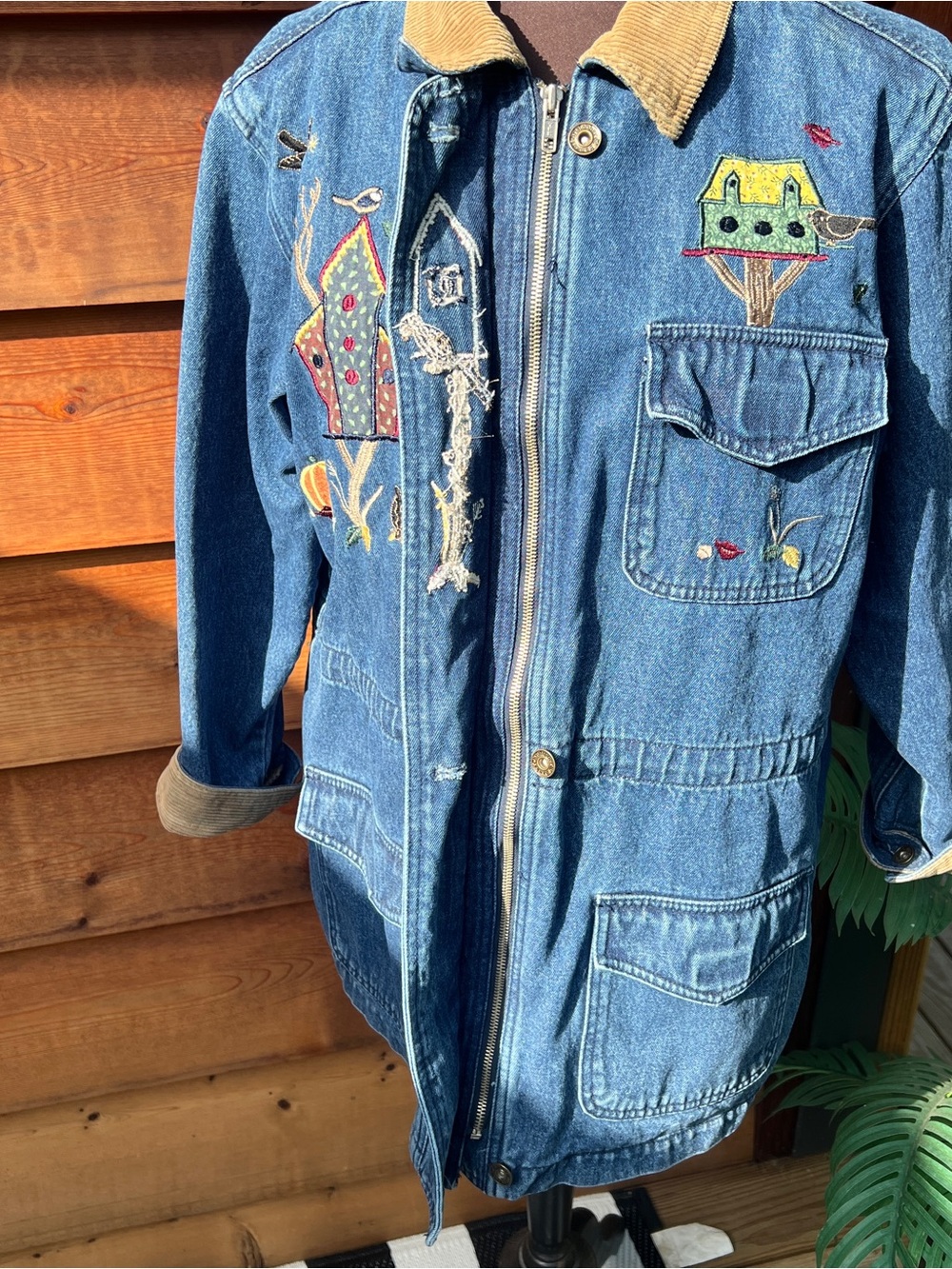 Vintage Denim Embroidered autumn Jacket with Corduroy Collar - Blue - Picture 6 of 8